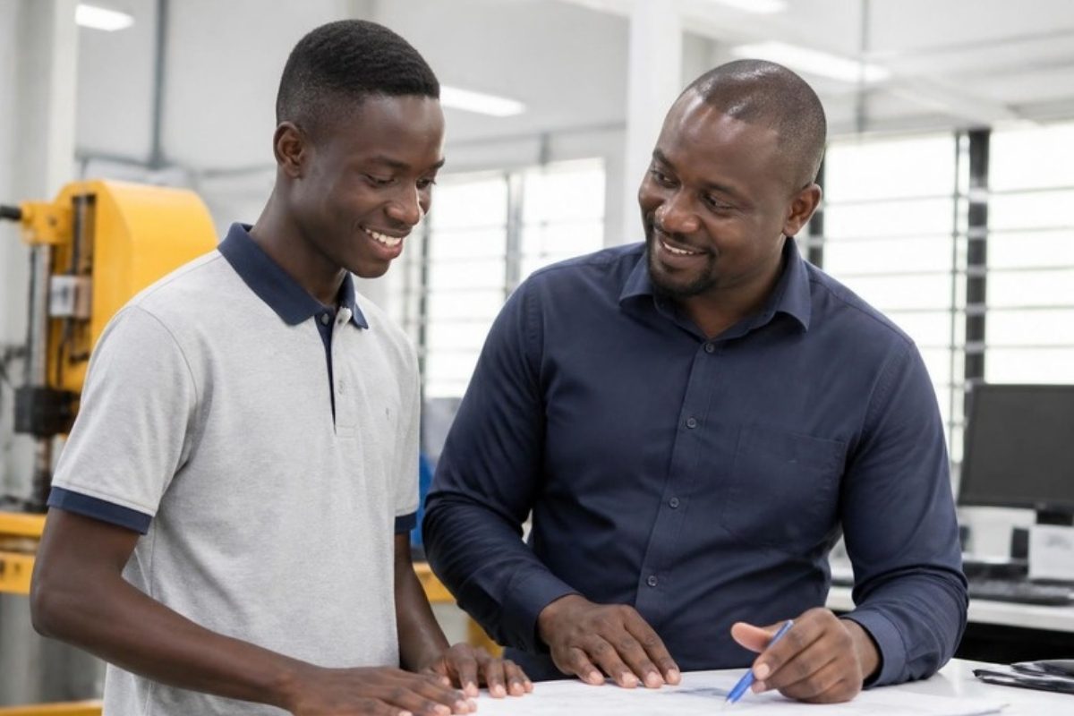 Un jeune stagiaire accompagné par son tuteur en entreprise